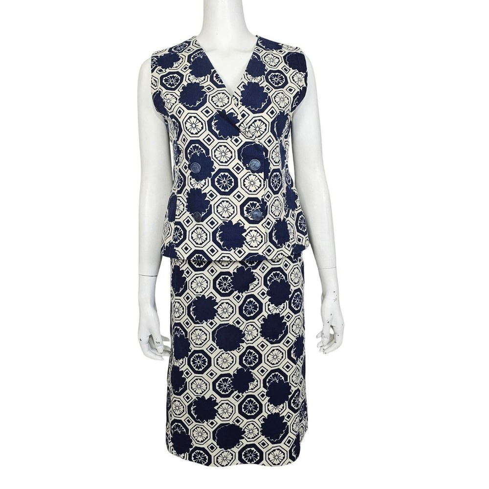 Vintage 60s Handmade 2 Piece Skirt Set‎ S Navy White Floral Mod Sleeveless Top